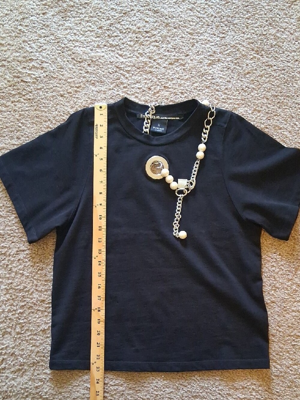 Pinko Black Short-Sleeve Tee with Pearl Neckkace Chain Accent Two Piece Set - Picture 5 of 12
